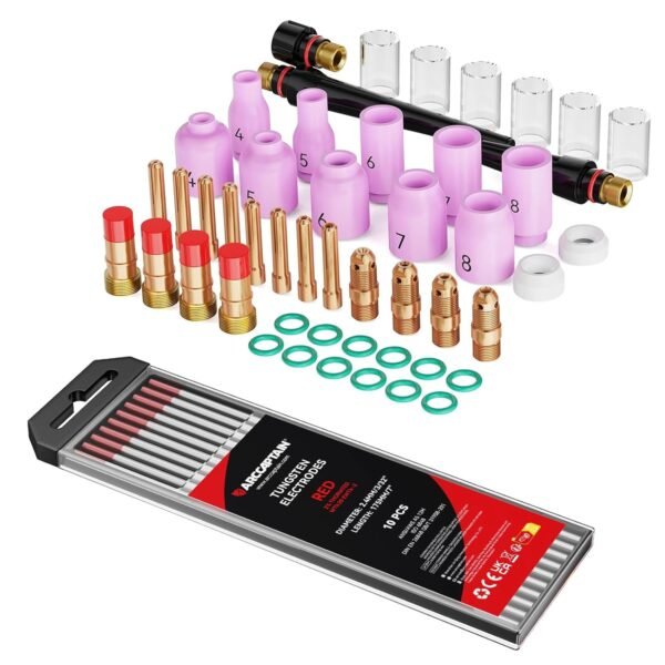 ARCCAPTAIN 49 Pcs TIG Welding Torch Accessories kit with Tungsten Electrode 10-Pack 3/32"x 7" Red