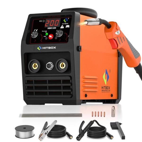 HITBOX 145A MIG Welder Gasless, 110V/220V Dual Voltage Flux Core Welder Flux MIG/Lift TIG/Stick 3 In 1 Synergy MIG Welding Machine With Torch Clamp and 0.8mm Flux Wire (HBM1200)