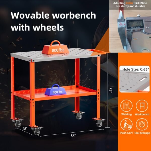 Movable Welding Table,36"x18"Welding Tool Car,Movable Welding Workbench Table,Easy Setup Portable Workbench,Heavy-Duty Load Capacity,with Tool Slots and Fixture Holes,Tool Tray