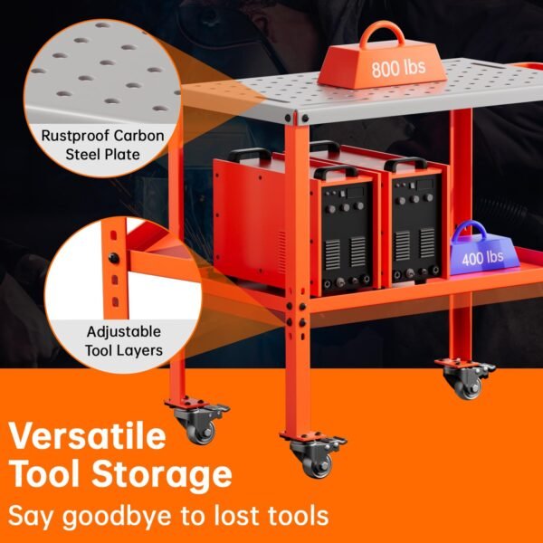 Movable Welding Table,36"x18"Welding Tool Car,Movable Welding Workbench Table,Easy Setup Portable Workbench,Heavy-Duty Load Capacity,with Tool Slots and Fixture Holes,Tool Tray