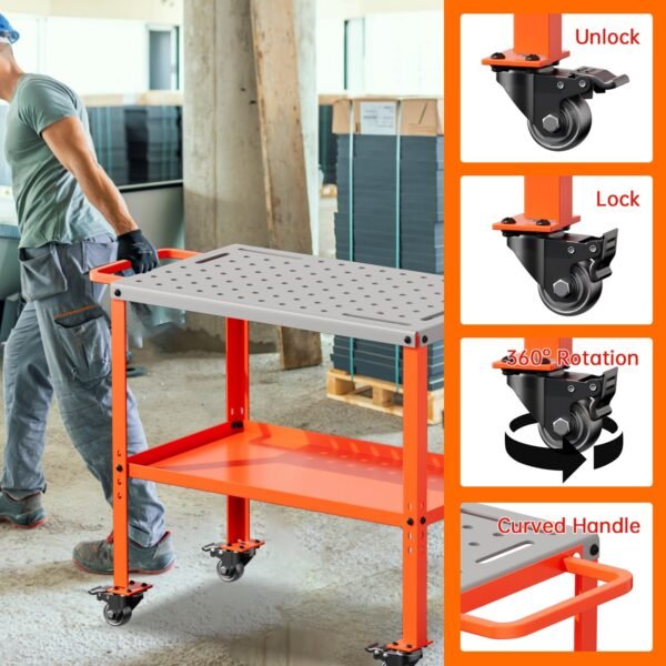 Movable Welding Table,36"x18"Welding Tool Car,Movable Welding Workbench Table,Easy Setup Portable Workbench,Heavy-Duty Load Capacity,with Tool Slots and Fixture Holes,Tool Tray
