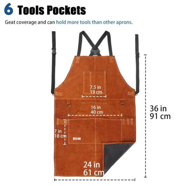 QeeLink Leather Welding Work Apron with 6 Tool Pockets, Heat & Flame Resistant Apron, 24" x 36", Adjustable M to XXXL