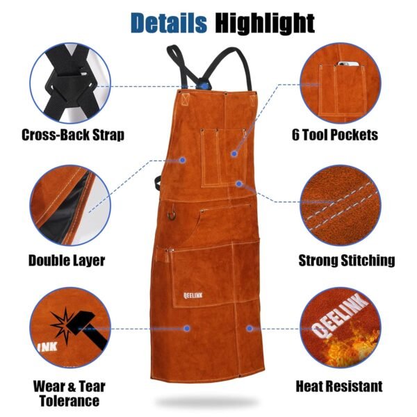 QeeLink Leather Welding Work Apron with 6 Tool Pockets, Heat & Flame Resistant Apron, 24" x 36", Adjustable M to XXXL