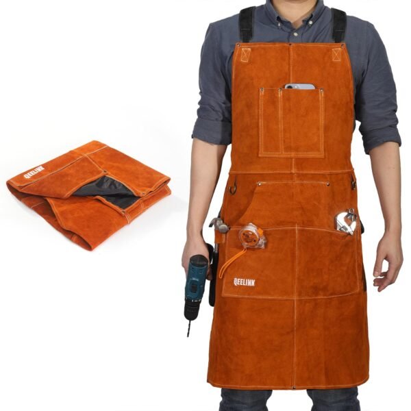 QeeLink Leather Welding Work Apron with 6 Tool Pockets, Heat & Flame Resistant Apron, 24" x 36", Adjustable M to XXXL